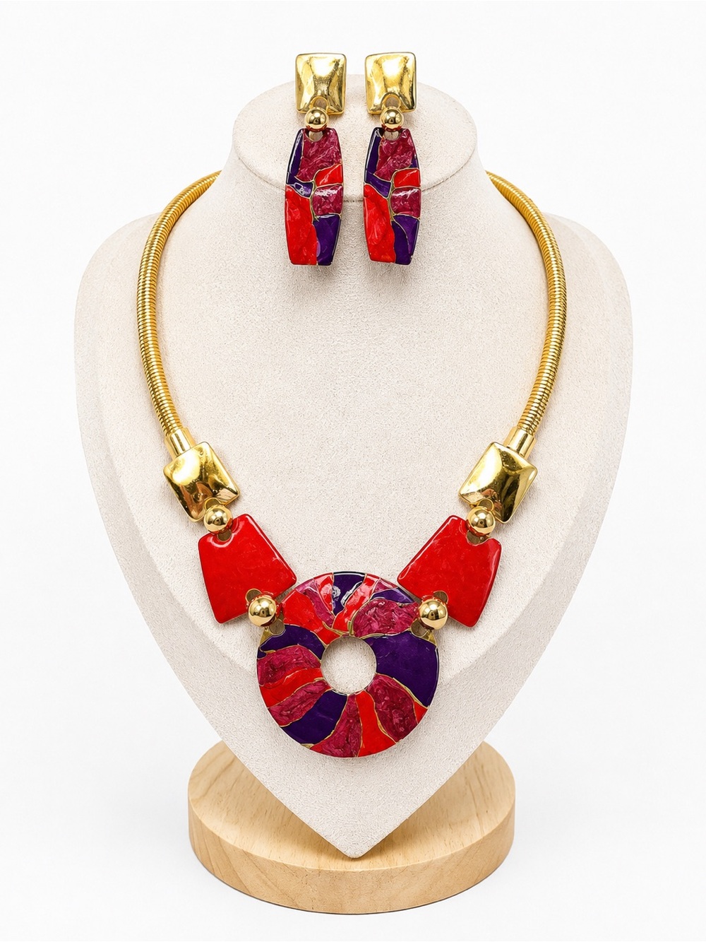 Vintage Lightweight Enamel Statement Necklace & Earring Set Red Purple Gold Tone
